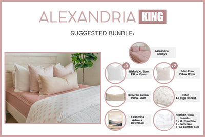 An infographic explaining what comes in a suggested king zipper bedding bundle purchase, including your all in one bedding set, decorative pillows, blanket and digital artwork.