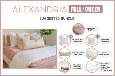 An infographic explaining what comes in a suggested full/queen zipper bedding bundle purchase, including your all in one bedding set, decorative pillows, blanket and digital artwork.