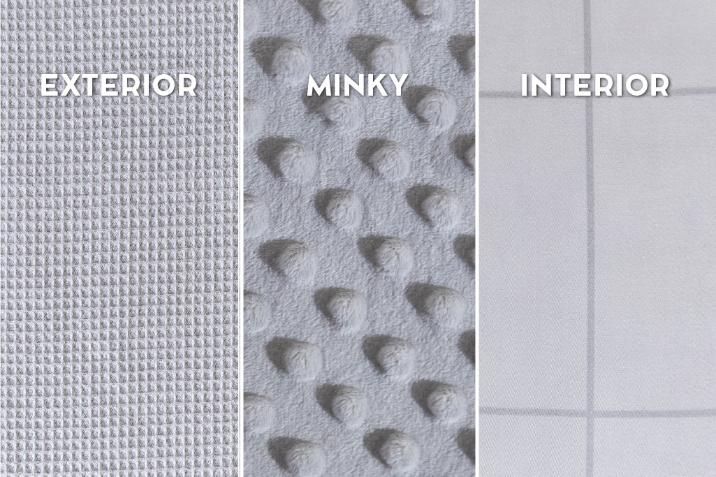 A close up of the waffle textured detail on light gray zipper bedding, showing the exterior, minky, and interior. 
