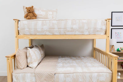 A bunk bed where both bunks are made with light tan cars kids zipper bedding.