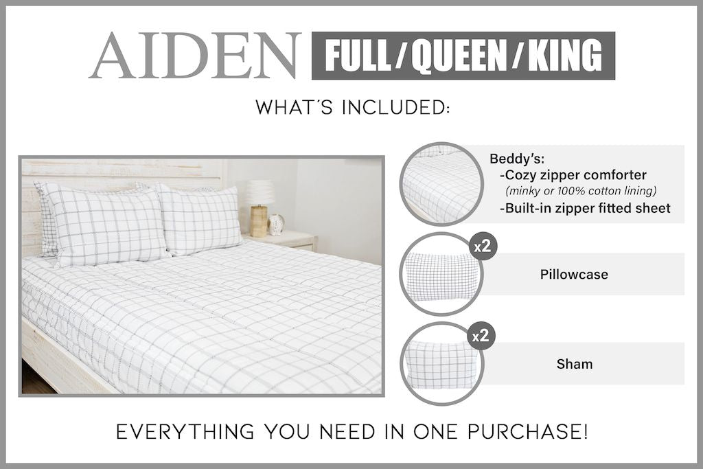 Graphic showing full, queen, and king includes one Beddys comforter, two pillowcases and two shams