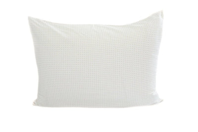 A white pillowcase with a faint gray dot design. 