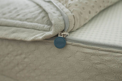 A close up view of a bed made with soft green zipper bedding with the bed slightly unzipped to reveal the minky comforter and the sage green and white gingham pattern bottom cotton lining.