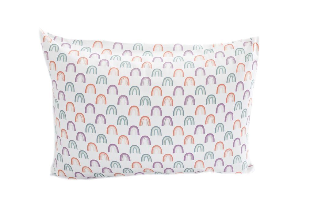 White pillowcase with purple, orange and green ombre rainbows