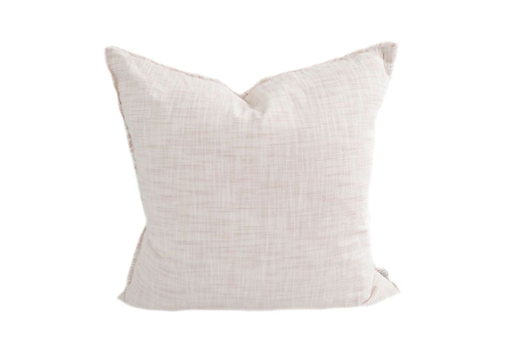 A light pink woven stripe pillow on a white background.