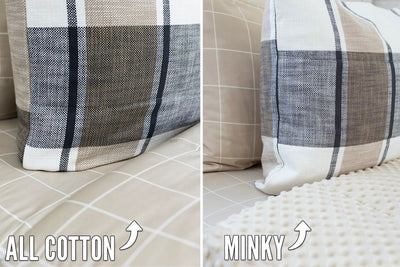 An infographic showing the options for cotton lining or minky lining in your zipper bedding set.