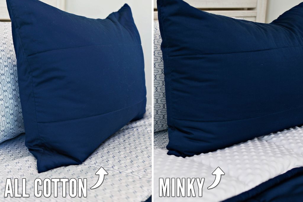 side by side comparison photo of navy blue bedding with white sheet with navy blue patterned sheets one side showing white minky interior, the other showing cotton interior