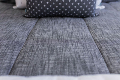Close up of Dark gray charcoal zipper bedding and gray pillow