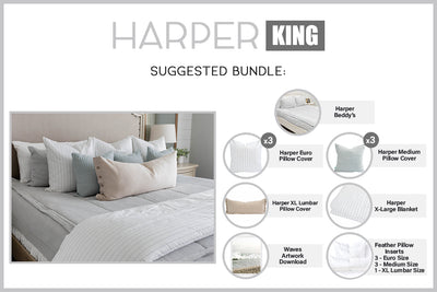 An infographic explaining what comes in a suggested king zipper bedding bundle purchase, including your all in one bedding set, decorative pillows, blanket and digital download.