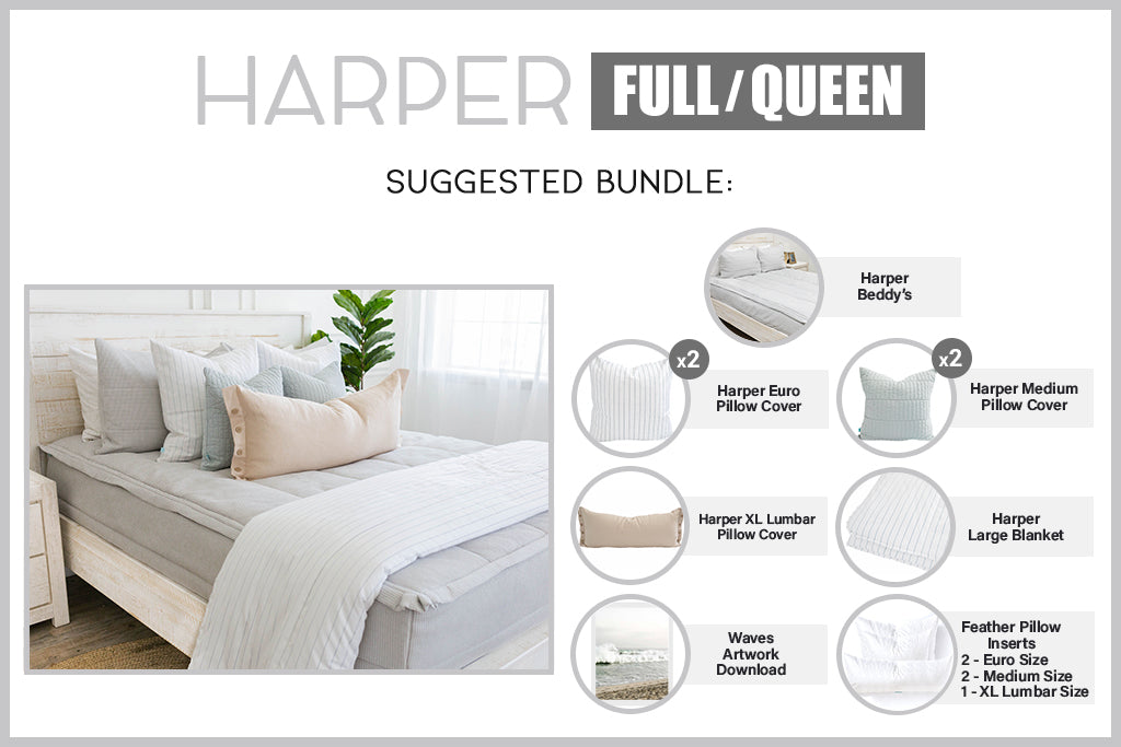 An infographic explaining what comes in a suggested full/queen zipper bedding bundle purchase, including your all in one bedding set, decorative pillows, blanket and digital download.