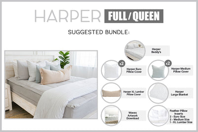 An infographic explaining what comes in a suggested full/queen zipper bedding bundle purchase, including your all in one bedding set, decorative pillows, blanket and digital download.