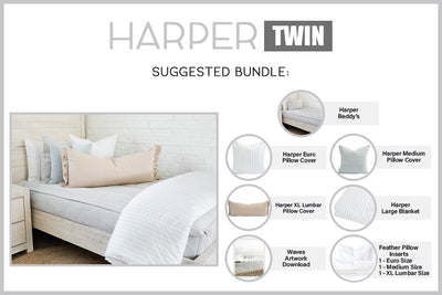 An infographic explaining what comes in a suggested twin zipper bedding bundle purchase, including your all in one bedding set, decorative pillows, blanket and digital download.