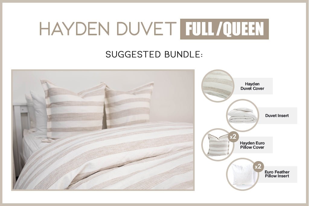 An infographic explaining what comes in a suggested full/queen bundled zipper duvet purchase, including your zipper duvet cover, duvet insert, and matching pillows.