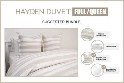 An infographic explaining what comes in a suggested full/queen bundled zipper duvet purchase, including your zipper duvet cover, duvet insert, and matching pillows.