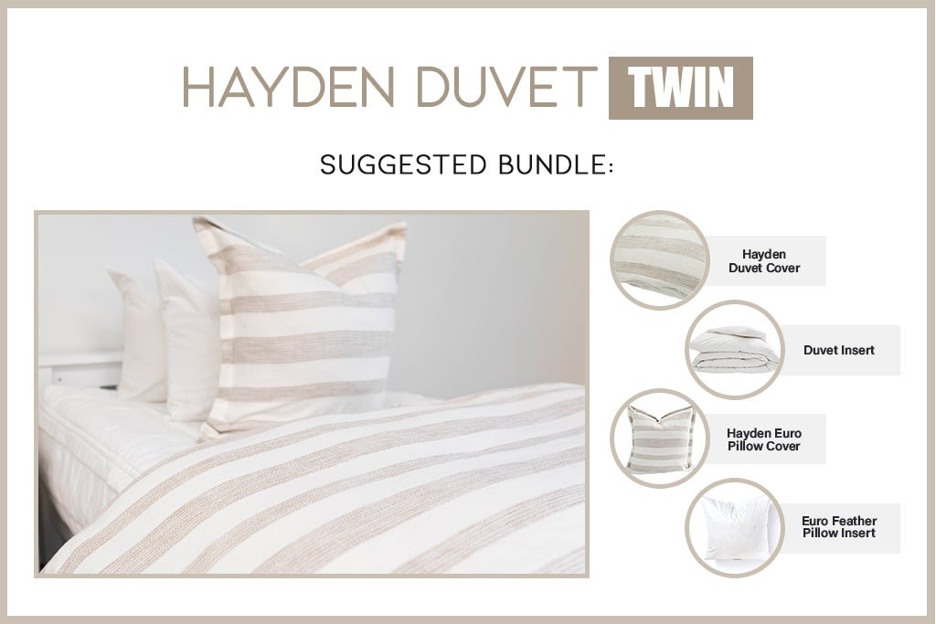 An infographic explaining what comes in a suggested twin bundled zipper duvet purchase, including your zipper duvet cover, duvet insert, and matching pillow.