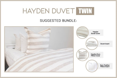 An infographic explaining what comes in a suggested twin bundled zipper duvet purchase, including your zipper duvet cover, duvet insert, and matching pillow.