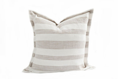 A cream and tan striped large pillow on a white background.