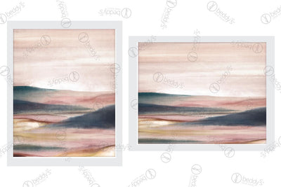 Two blue, pink and yellow hill and sky digital artworks showcased in frames.