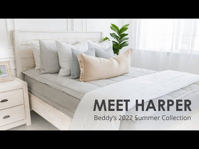 Video detailing Light gray zipper bedding with white and gray pillowcases and shams and other accessories 
