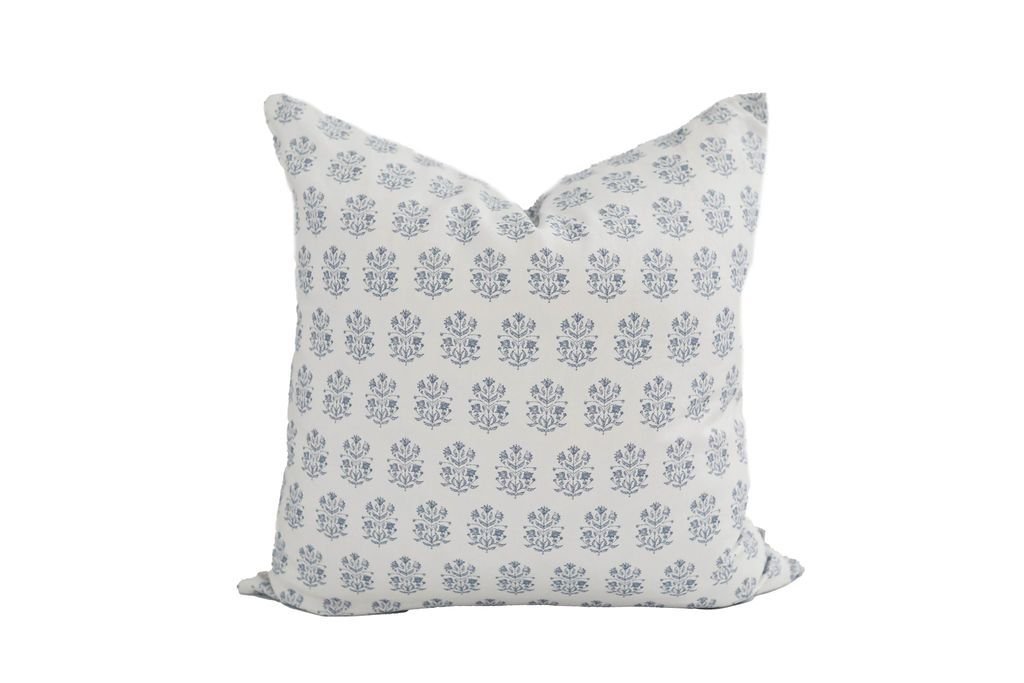 White euro pillow with blue floral pattern design