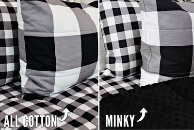 side by side comparison photo of black and white buffalo plaid bedding with white and black plaid sheets one side showing black minky interior, the other showing cotton interior