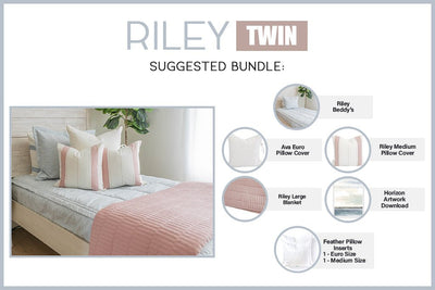Graphic showing included pillows and blanket in bundle for twin sized blue zipper bedding 