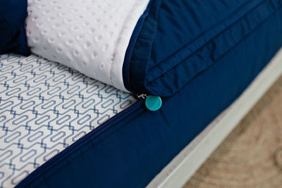 photo showing zipper edge on of navy beddin, white sheets with navy blue pattern and white minky interior
