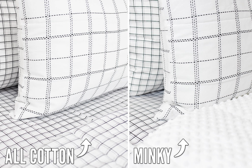 Side by side comparison photo with white and black grid patterned bedding and white and black grid patterned pillowcase one showing minky interior, the other showing cotton interior