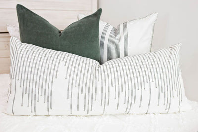 white euro with green stripes and stitching, moss green corduroy euro, white XL lumbar with green stitching