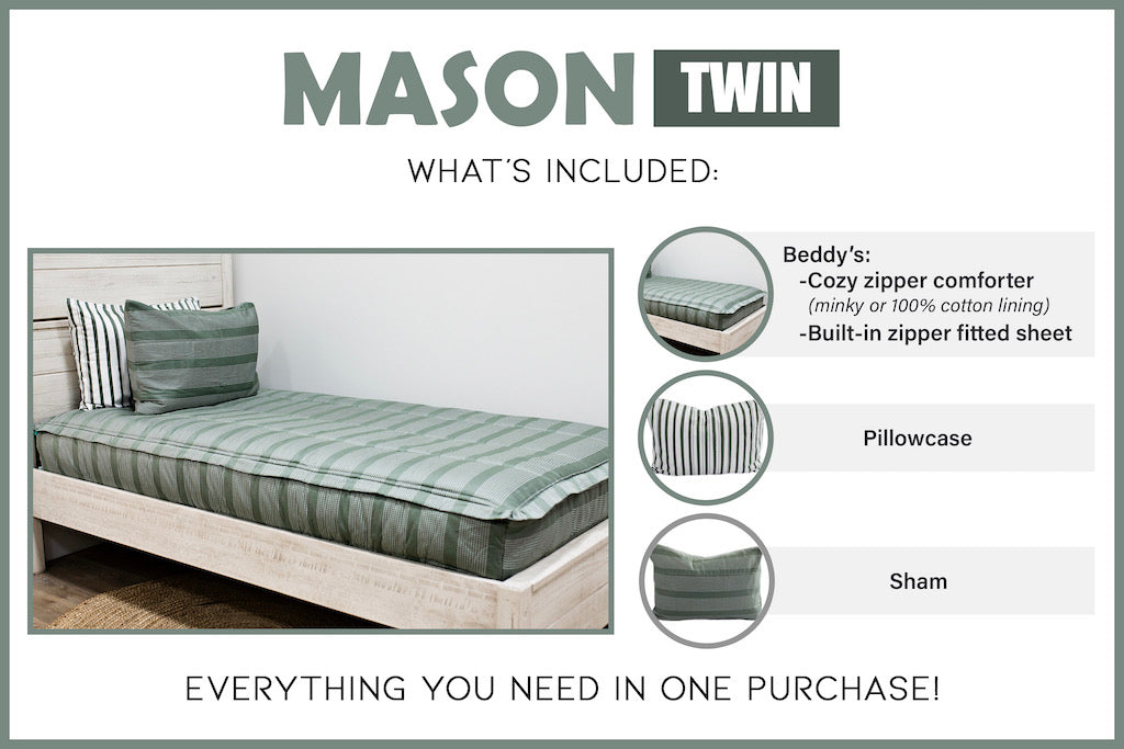 Graphic showing twin includes Beddy's comforter with coordinating pillowcase and sham