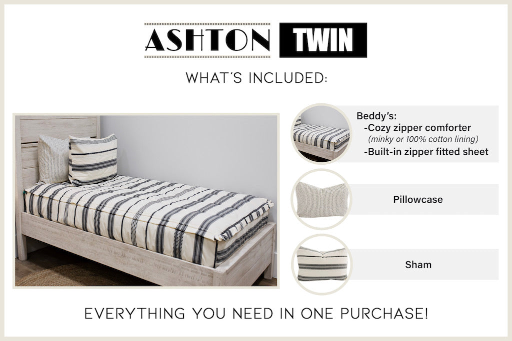 Graphic showing twin includes comforter set with coordinating pillowcase and sham