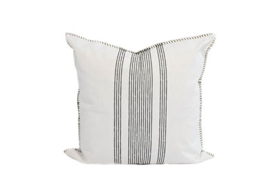 White Euro pillow with moss green striping design with moss green stitching along the edge