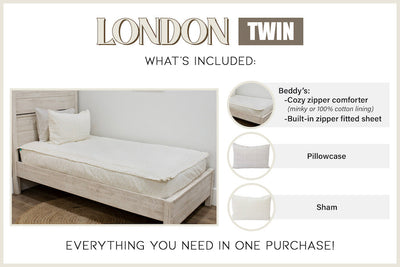 Graphic showing twin includes one Beddy's comforter with coordinating pillowcase and sham