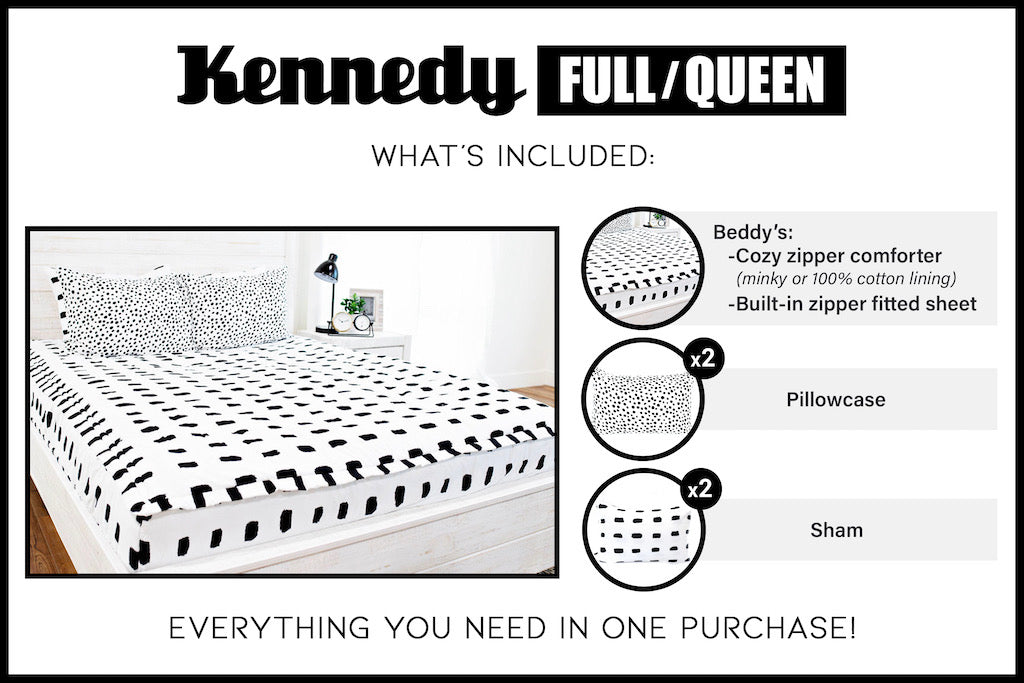 graphic showing full/queen includes Beddy's comforter set, two coordinating pillowcases and shams