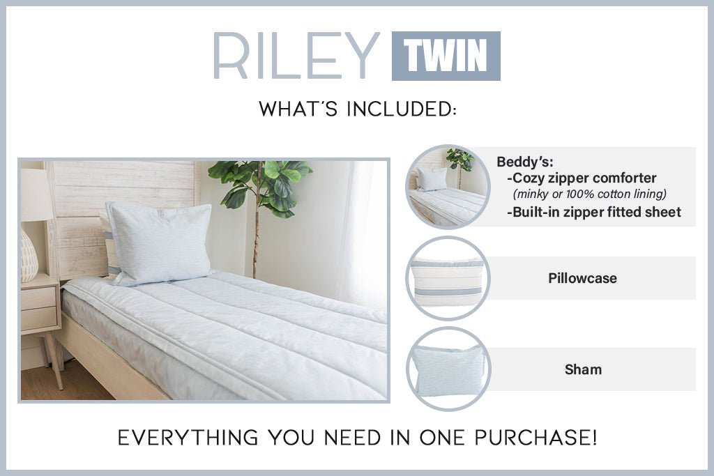 Graphic showing included pillows with twin sized blue zipper bedding