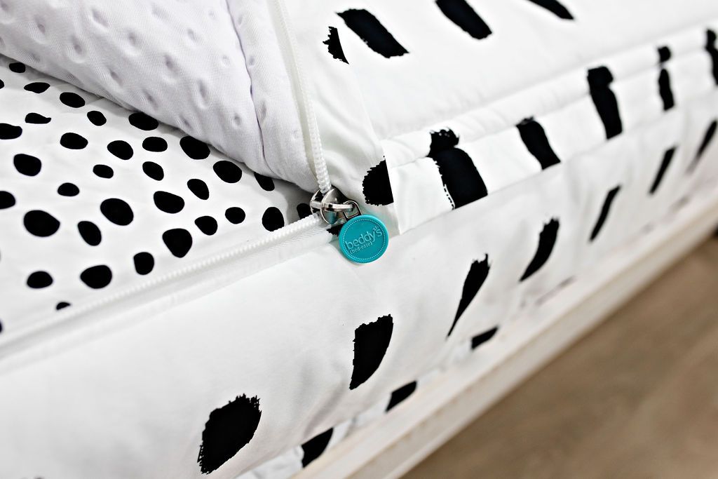photo showing zipper edge on of white bedding with black dashed lines, white and black polka dot sheets and white minky interior