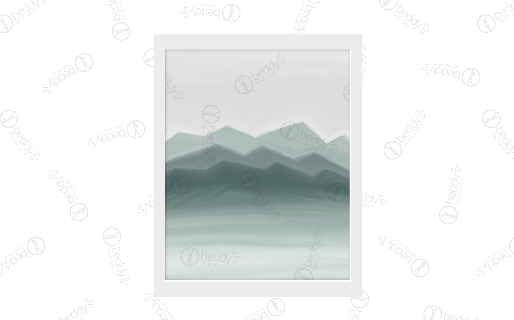 A soft green ombre mountain range digital artwork showcased in a frame. 