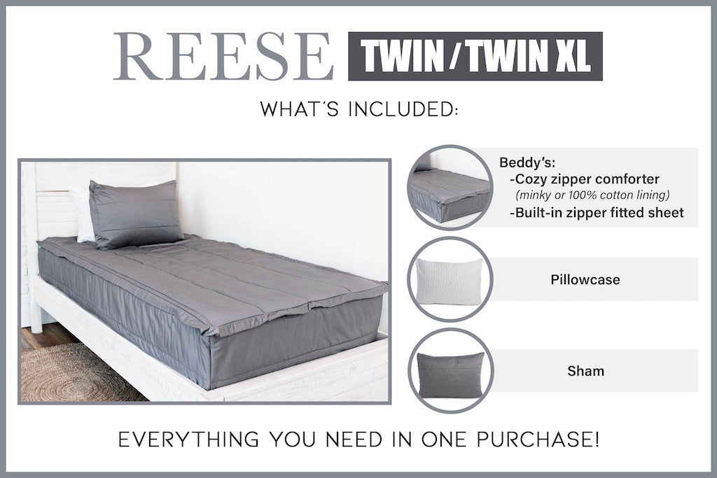 Graphic showing twin/twin XLincludes beddy's comforter coordinating pillowcase and sham