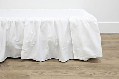 Enlarged side view of a white bed skirt.
