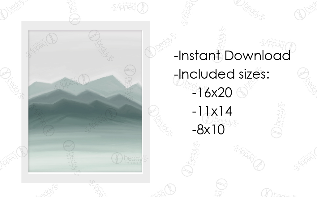 An infographic explaining the soft green ombre mountain range digital artwork size dimensions and that it's an instant download. 