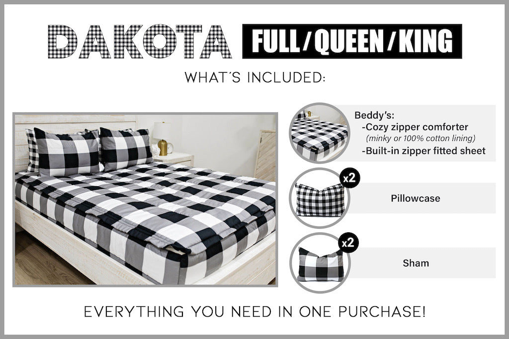 graphic showinggraphic showing full/queen/king includes Beddy's comforter set with two coordinating pillowcases and shams