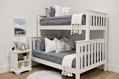 bunk bed with Gray bedding with textured diamond pattern and white faux fur textured euro, white and gray plaid pillow and white knitted throw with braided tassels at the foot of the bed