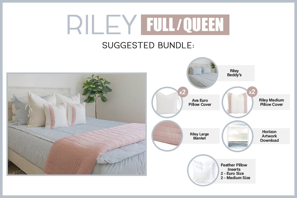Graphic showing included pillows and blanket in bundle for full and queen sized blue zipper bedding