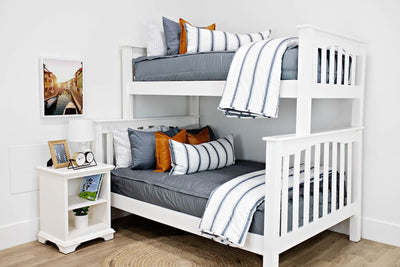 White bunk beds with gray bedding, medium brown leather pillows, a white and gray striped lumbar pillow and a white and gray striped blanket.  