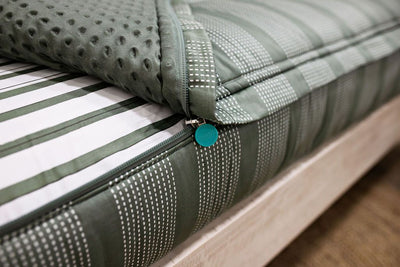 photo showing zipper edge on of green striped bedding, white sheet with green stripes and olive green minky interior