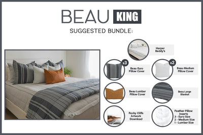 An infographic explaining what comes in a suggested king zipper bedding bundle purchase, including your all in one bedding set, decorative pillows, blanket, and digital artwork.