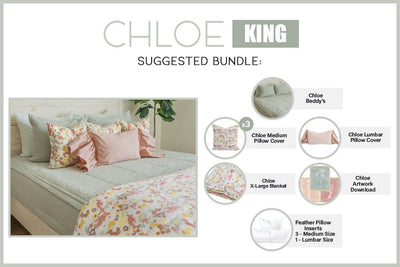 An infographic explaining what comes in a suggested king zipper bedding bundle purchase, including your all in one bedding set, decorative pillows, blanket, and digital artwork.