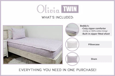Graphic showing twin beddy's includes one comforter set with coordinating pillowcase and sham