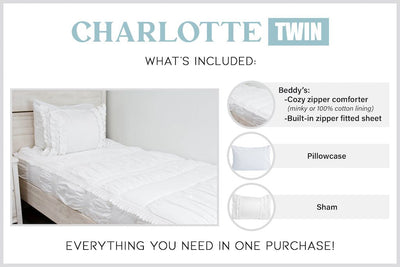 Graphic stating that Charlotte twin includes cozy Beddy's bedding, one pillowcase and one sham