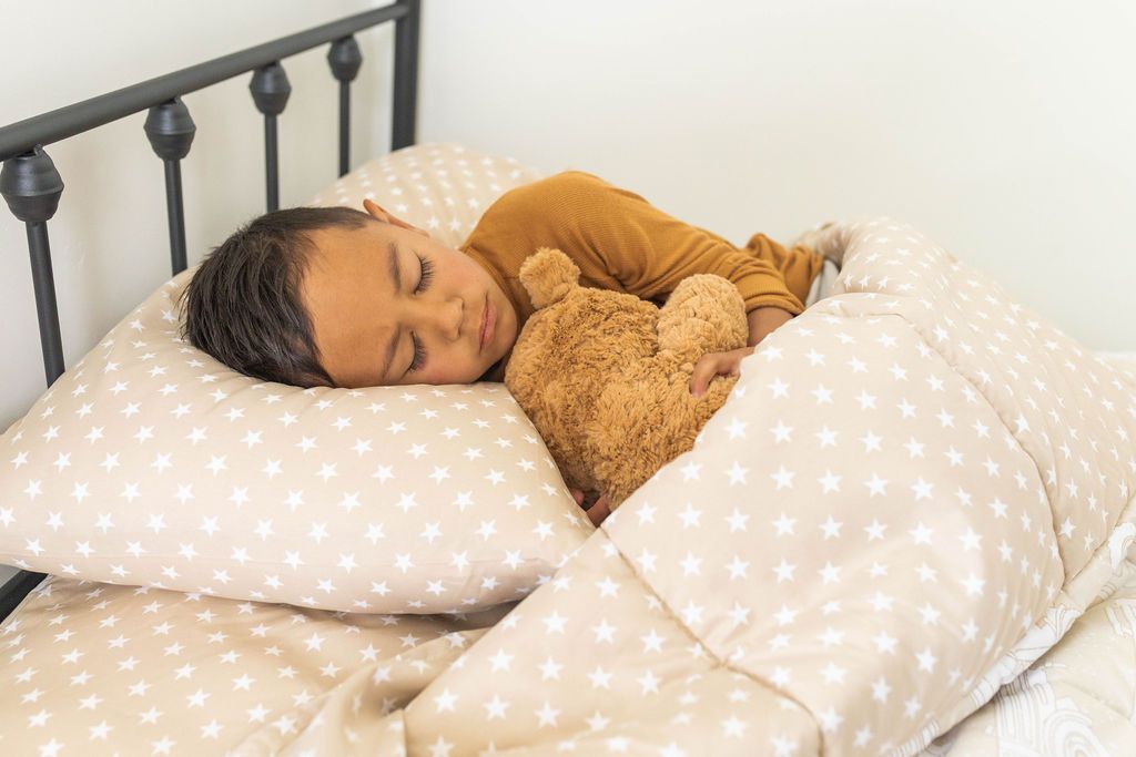 A young boy holding a stuffed animal and sleeping in a bed made with light tan cars kids zipper bedding.